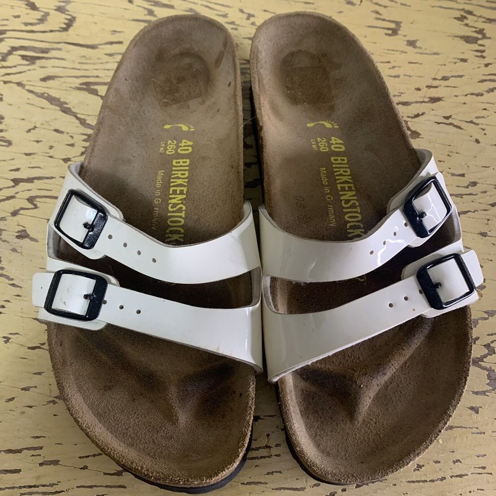 Birkenstock 2 Strap Cream Color Leather Sandals Womens Sz 9 EU 40 Slip On  READ
